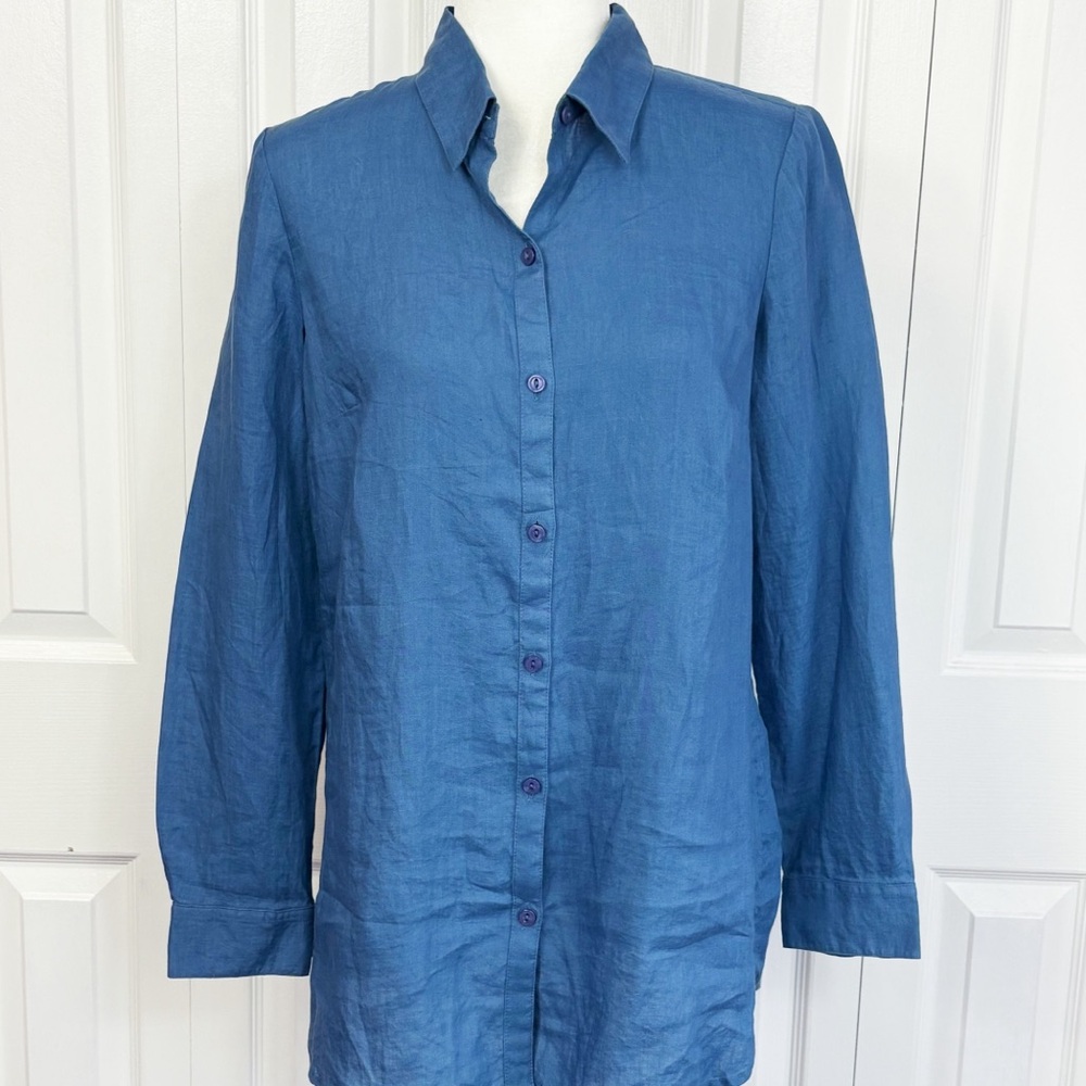 NWT Coldwater Creek Blue Indigo Linen Relaxed Fit Button Down Shirt XS